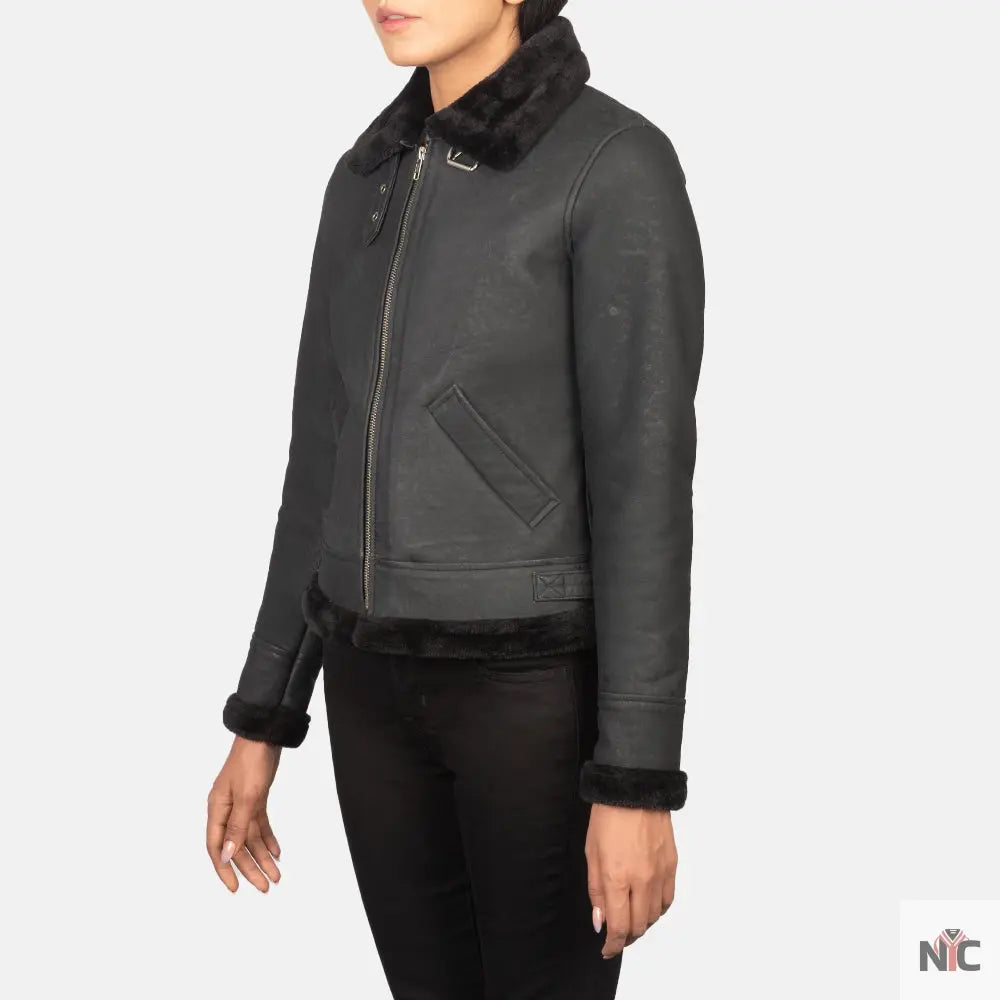 Sherilyn B-3 Distressed Black Leather Bomber Jacket Shopotiny