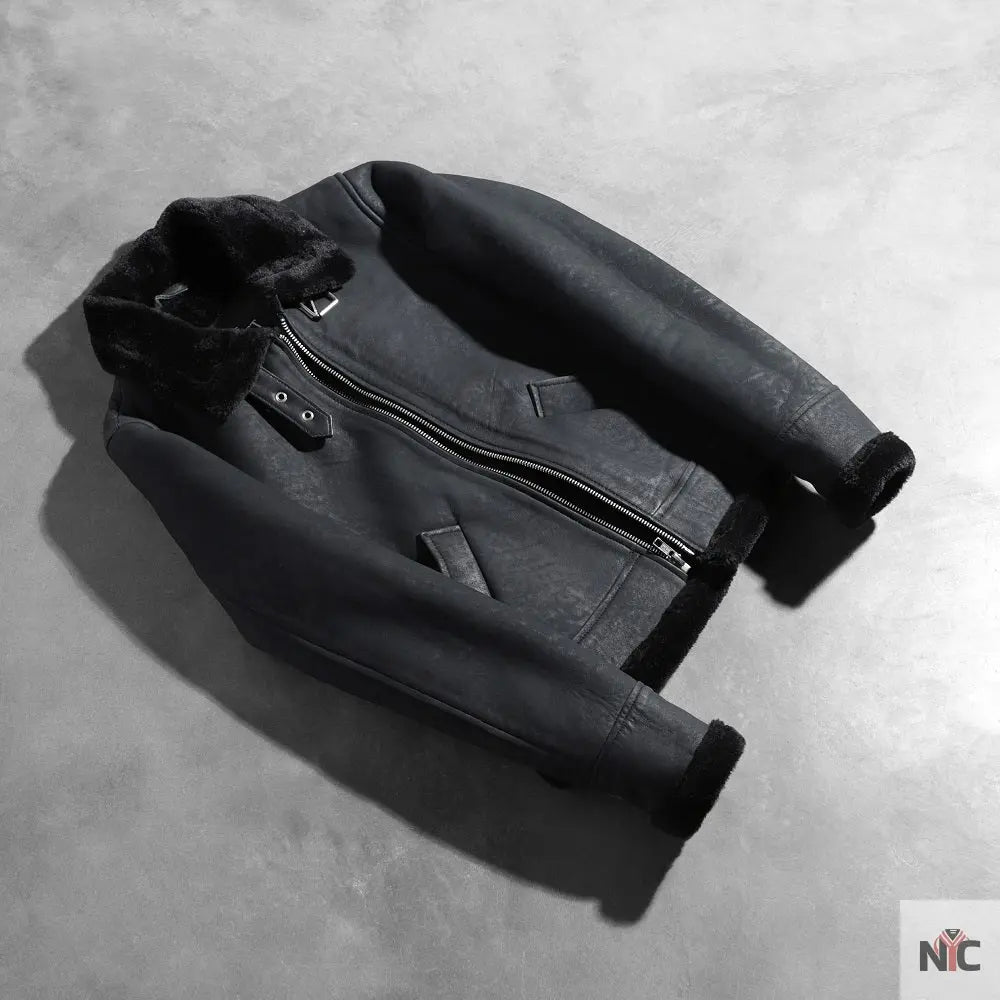 Sherilyn B-3 Distressed Black Leather Bomber Jacket Shopotiny