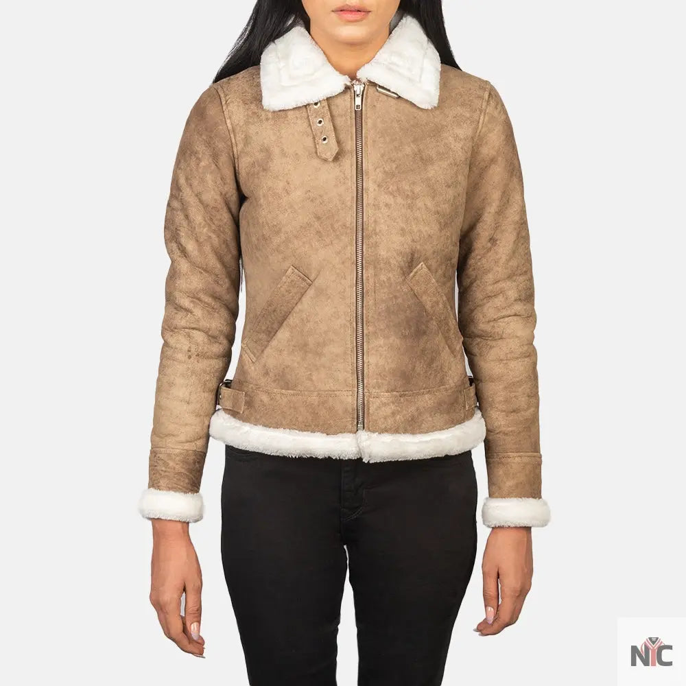Sherilyn B-3 Distressed Brown Leather Bomber Jacket Shopotiny
