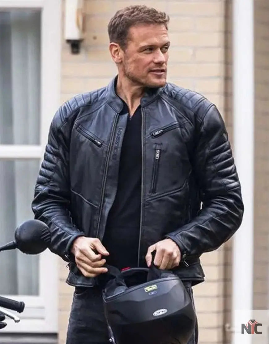 The Couple Next Door 2023 Sam Heughan Black Leather Jacket Clanton Jacket
