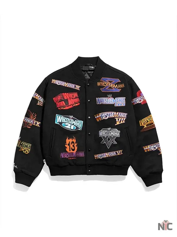 WWE WrestleMania 1-21 Black Varsity Jacket Clanton Jacket
