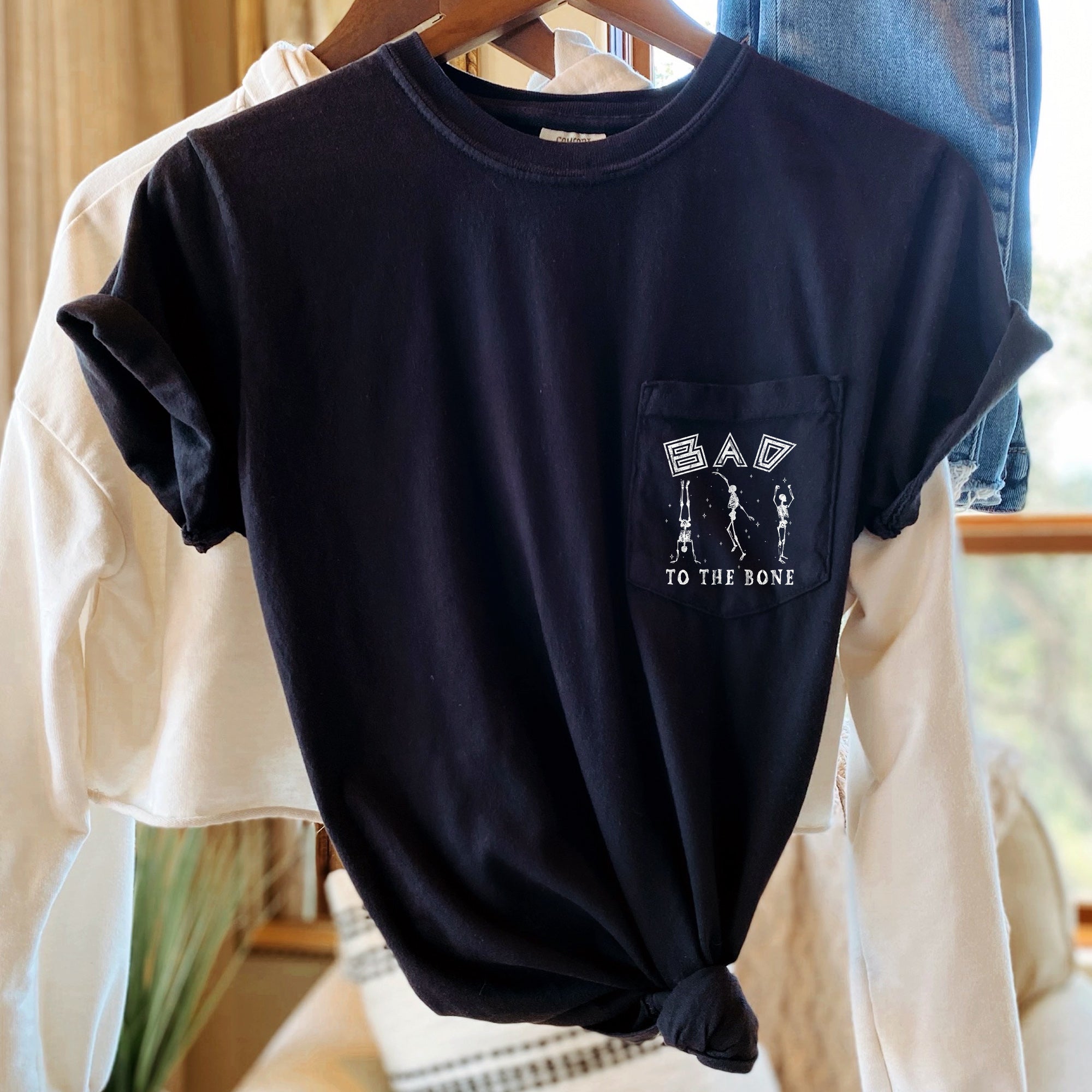 Bad To The Bone Halloween Pocket Comfort Colors Tshirt