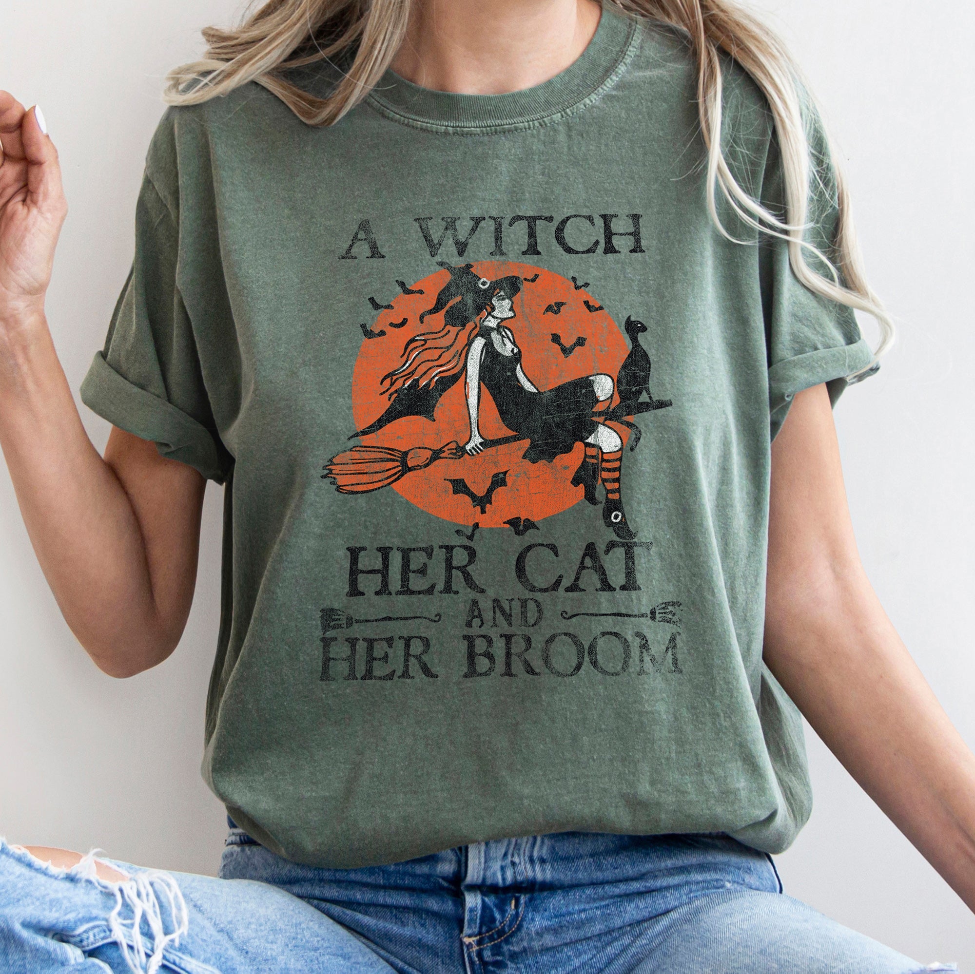 A Witch, Her Cat And Her Broom Retro Halloween Comfort Colors Tshirt