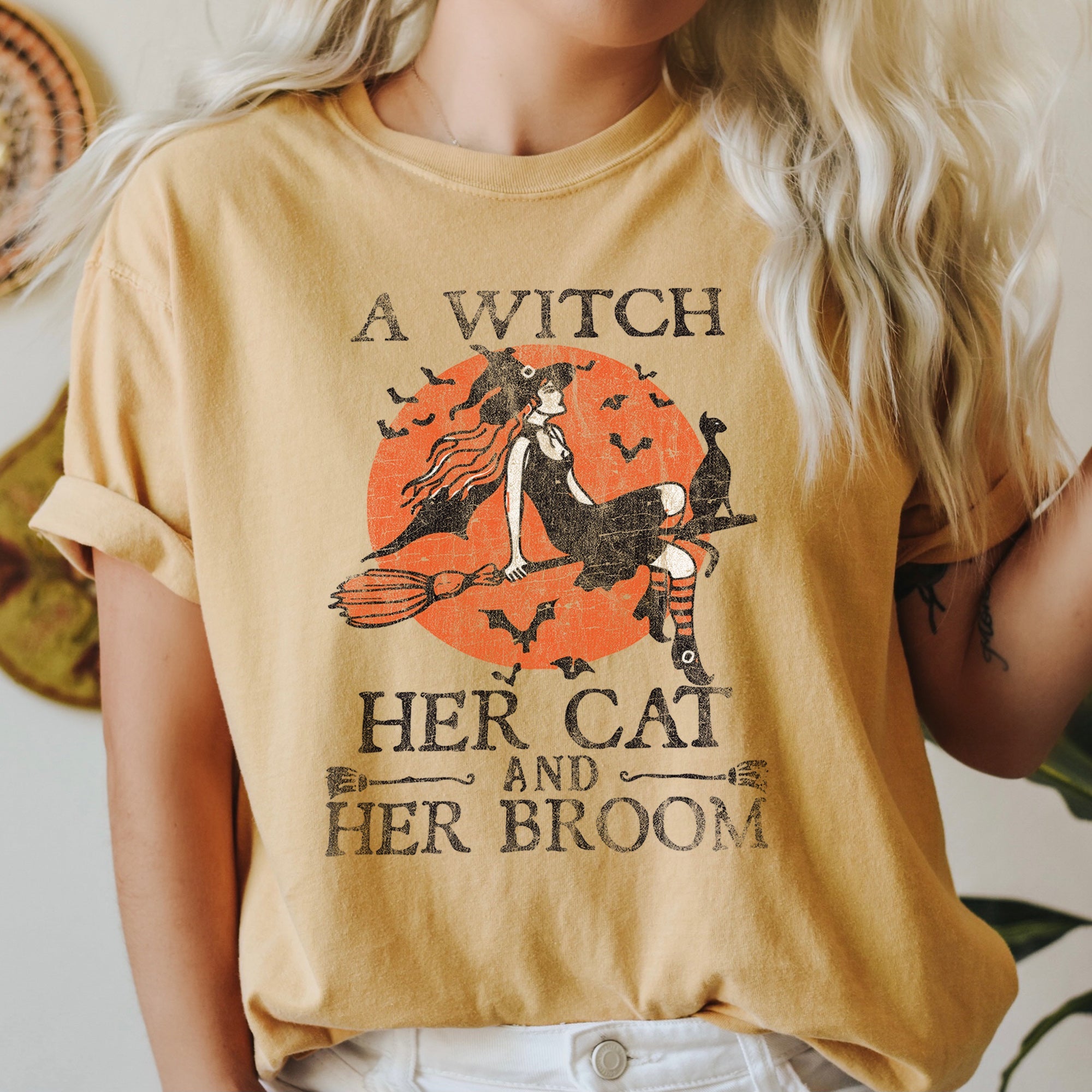 A Witch, Her Cat And Her Broom Retro Halloween Comfort Colors Tshirt