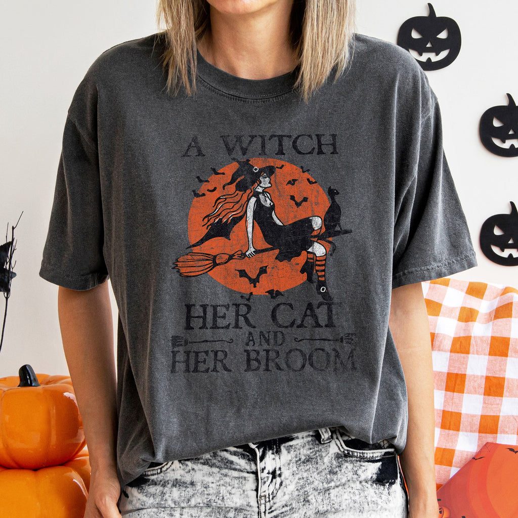 A Witch, Her Cat And Her Broom Retro Halloween Comfort Colors Tshirt