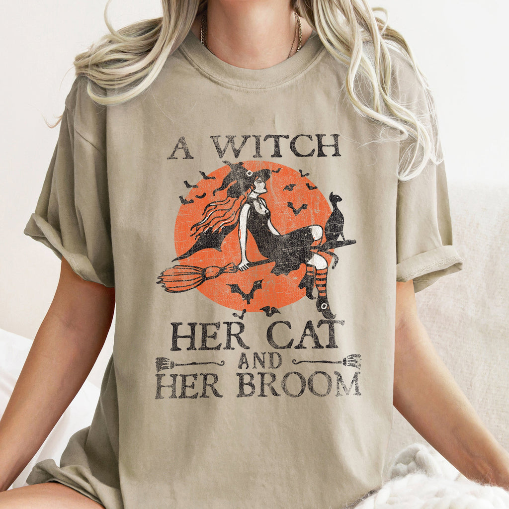 A Witch, Her Cat And Her Broom Retro Halloween Comfort Colors Tshirt