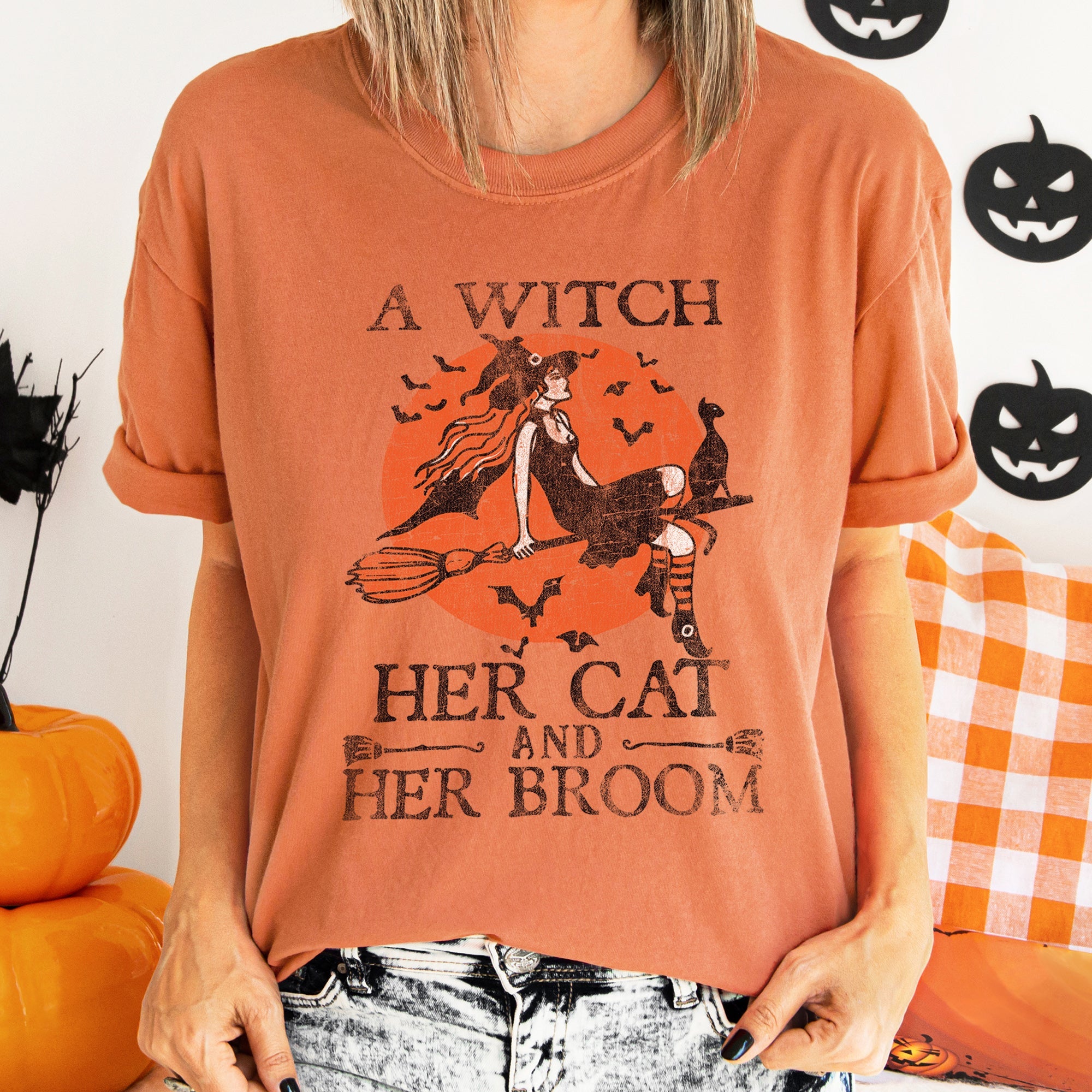 A Witch, Her Cat And Her Broom Retro Halloween Comfort Colors Tshirt